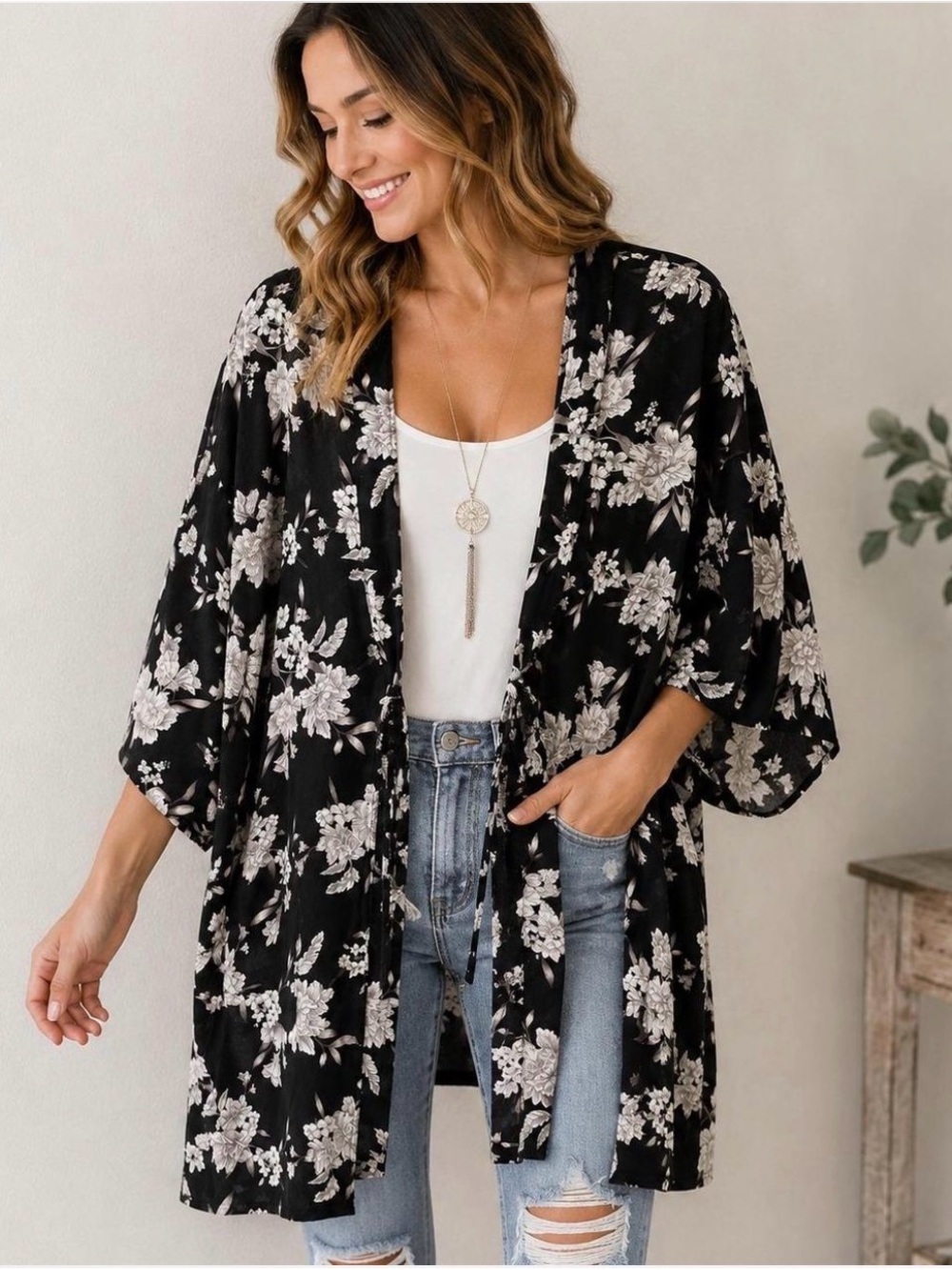 Spiritual Gangster Maya Black and White Floral Kimono
